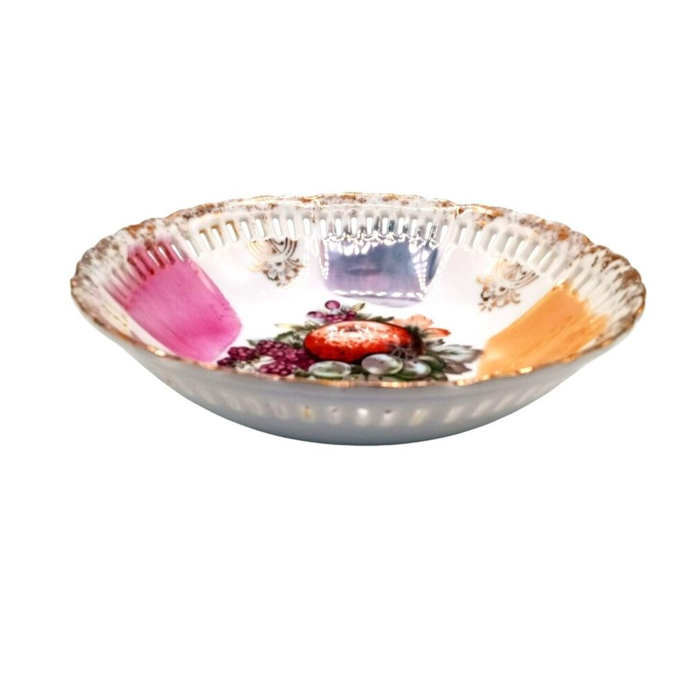 Fruit Bowl Lusterware Pierced Rim Scalloped Edge Hand Painted Japan Vintage 7"